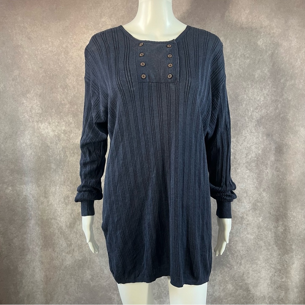 Nancy Heller Tunic Women Large Navy Blue Linen Rib‎ Knit Button Bib Saks 5th Ave